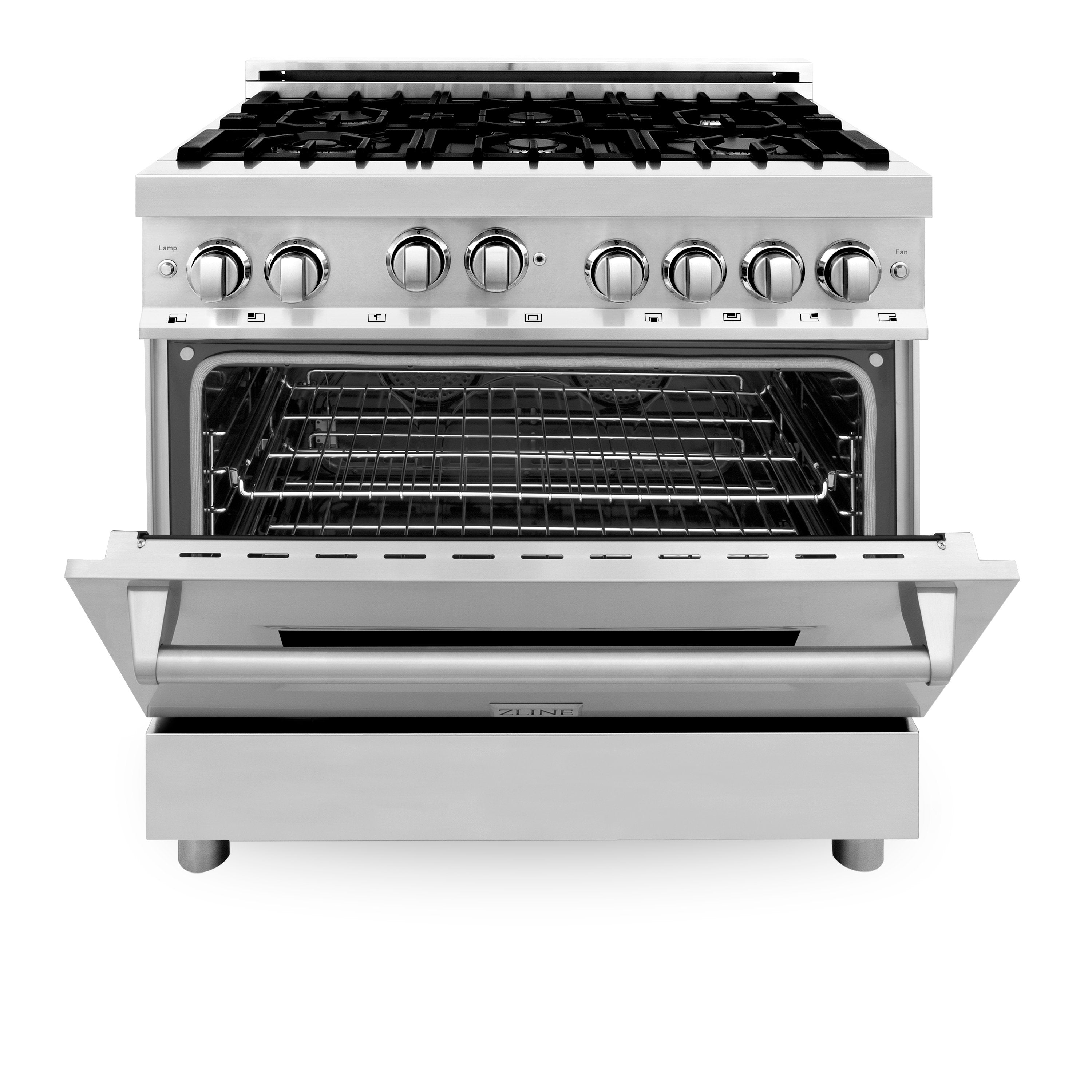 ZLINE Kitchen and Bath, ZLINE 36" Professional 4.6 cu. ft. 6 Gas on Gas Range in Stainless Steel with Color Door Options, RG36,
