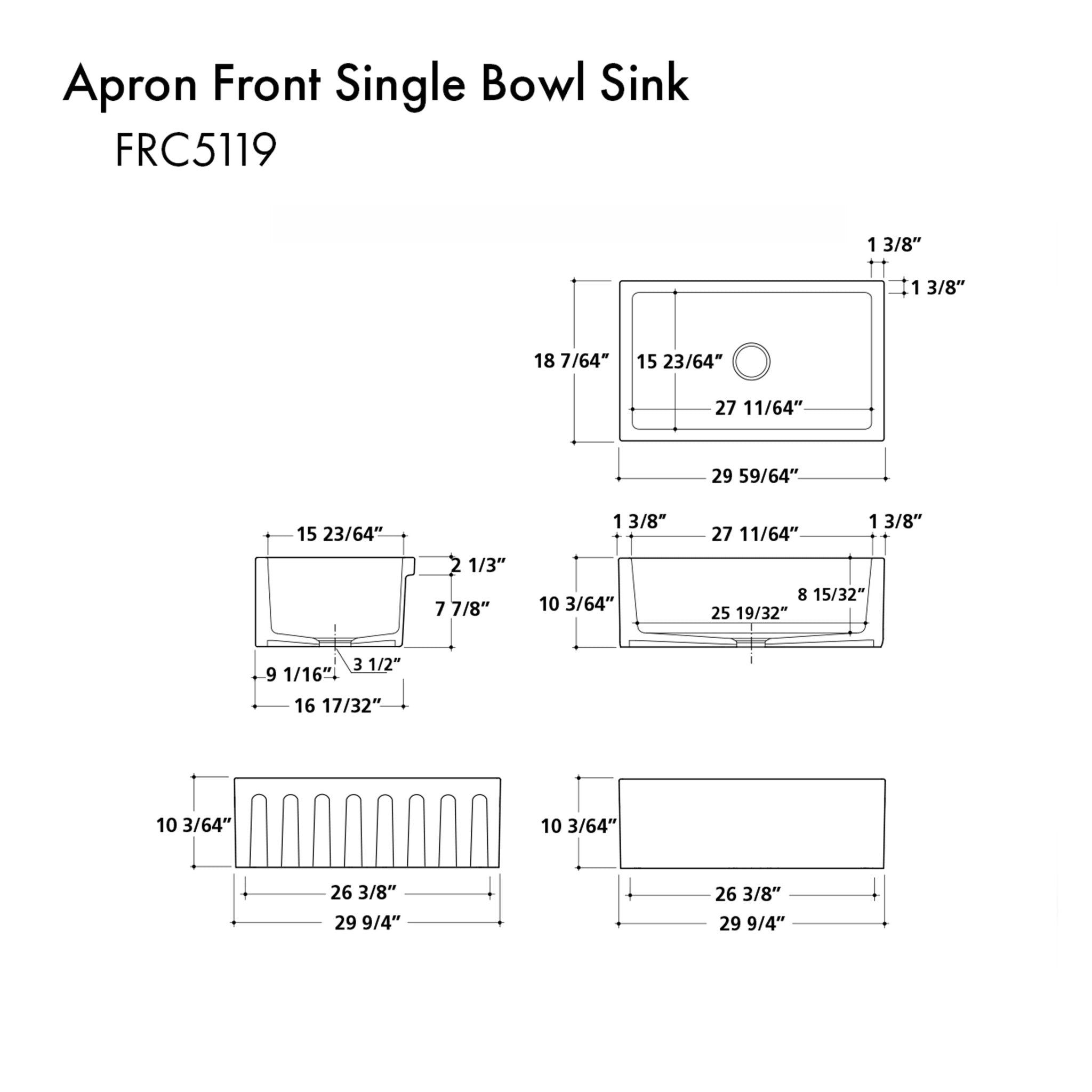 ZLINE Kitchen and Bath, ZLINE 30" Venice Farmhouse Reversible Fireclay Sink (FRC5119), FRC5119-WM-30,