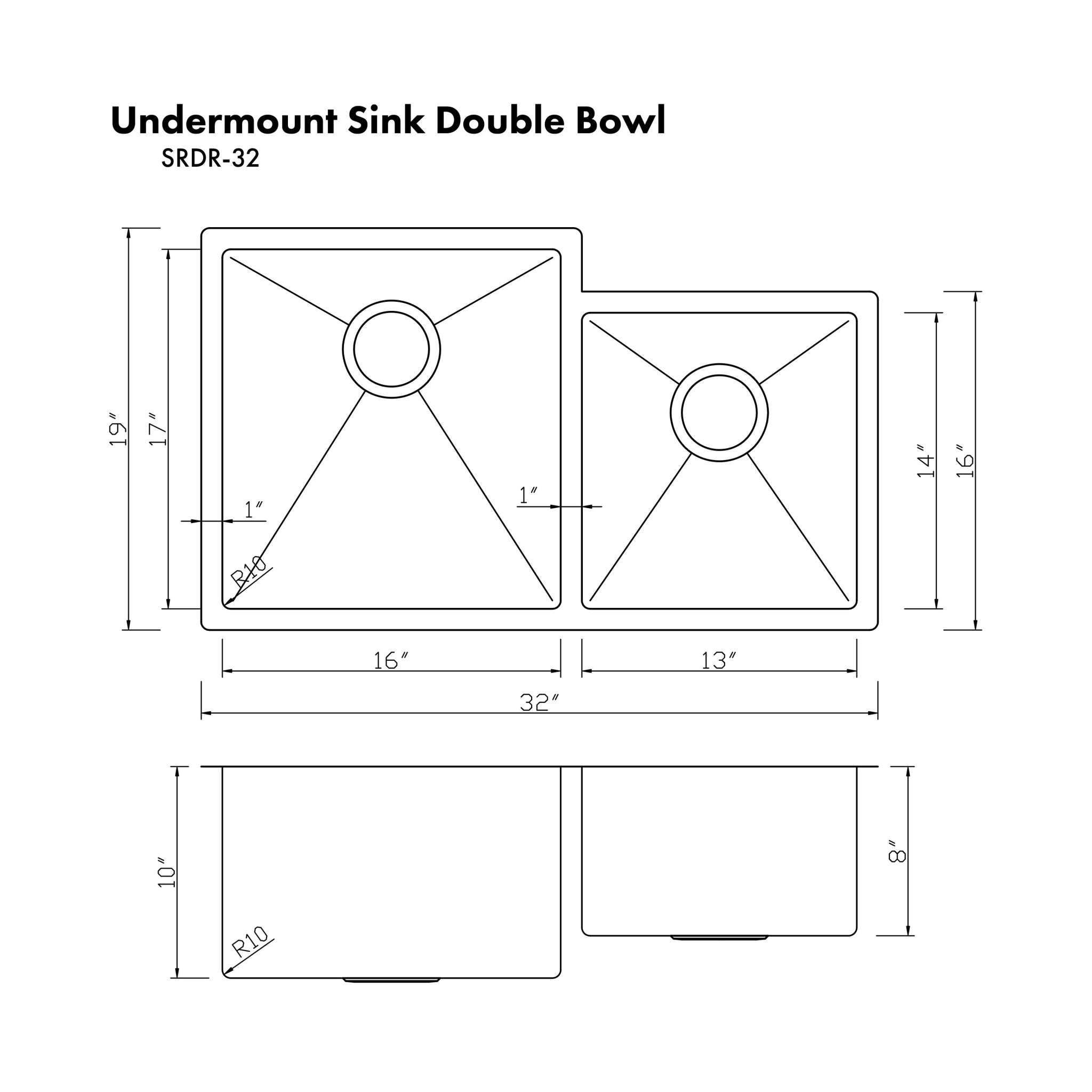ZLINE Kitchen and Bath, ZLINE 32" Jackson Undermount Double Bowl Sink (SRDR), SRDR-32,