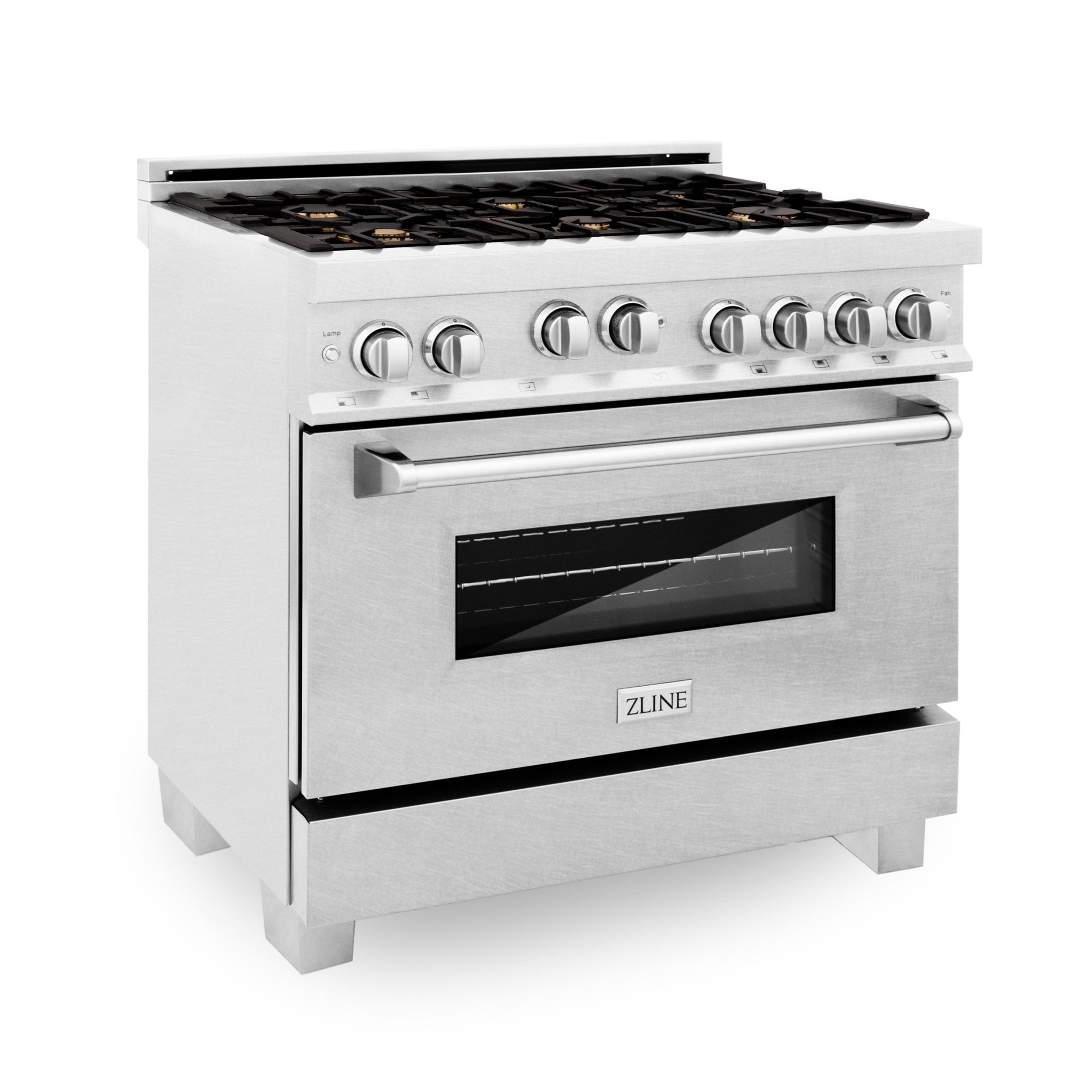 ZLINE Kitchen and Bath, ZLINE 36" Professional 4.6 cu. ft. 4 Gas on Gas Range in DuraSnow® Stainless Steel with Color Door Options, RGS-SN-BR-36,