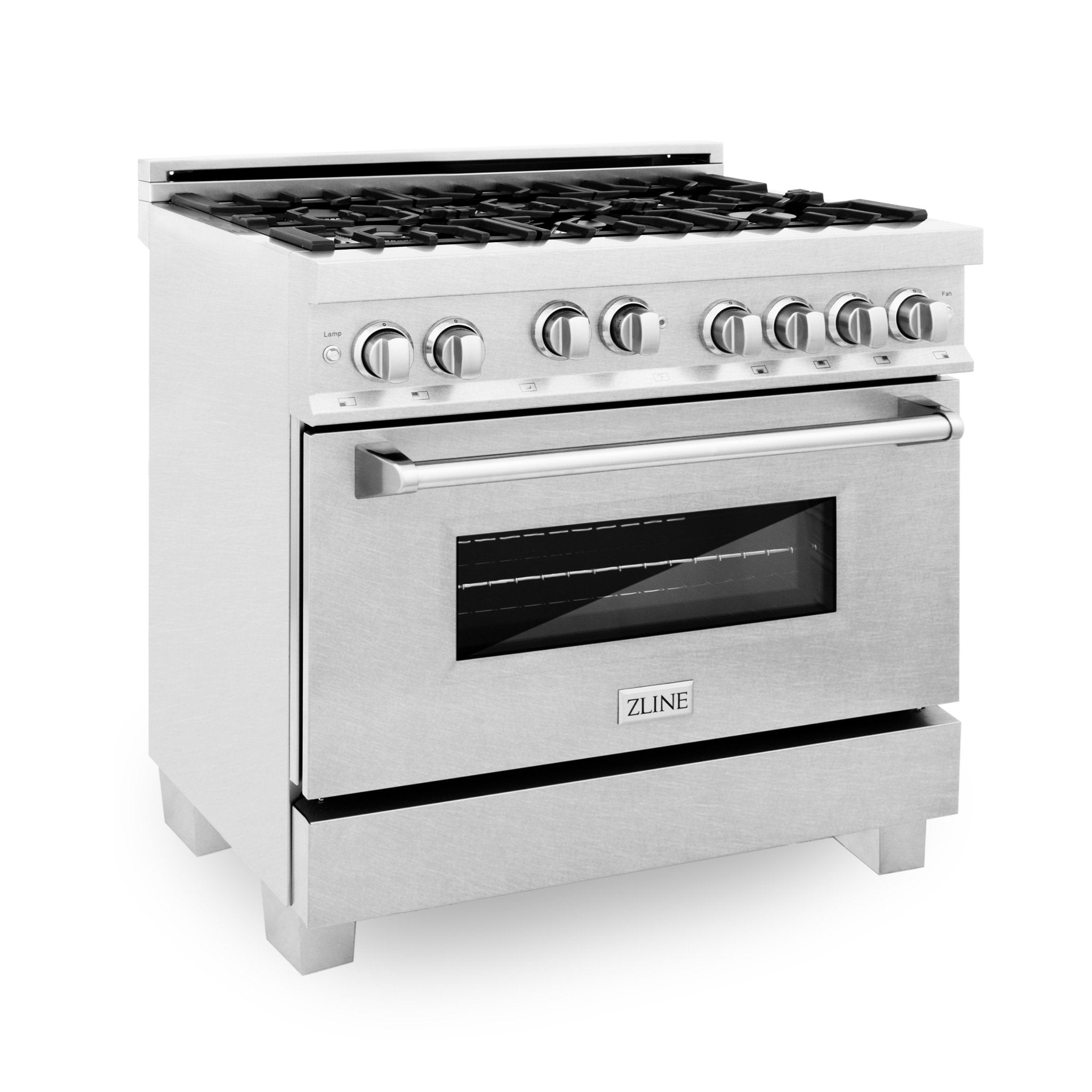 ZLINE Kitchen and Bath, ZLINE 36" Professional 4.6 cu. ft. 4 Gas on Gas Range in DuraSnow® Stainless Steel with Color Door Options, RGS-SN-36,