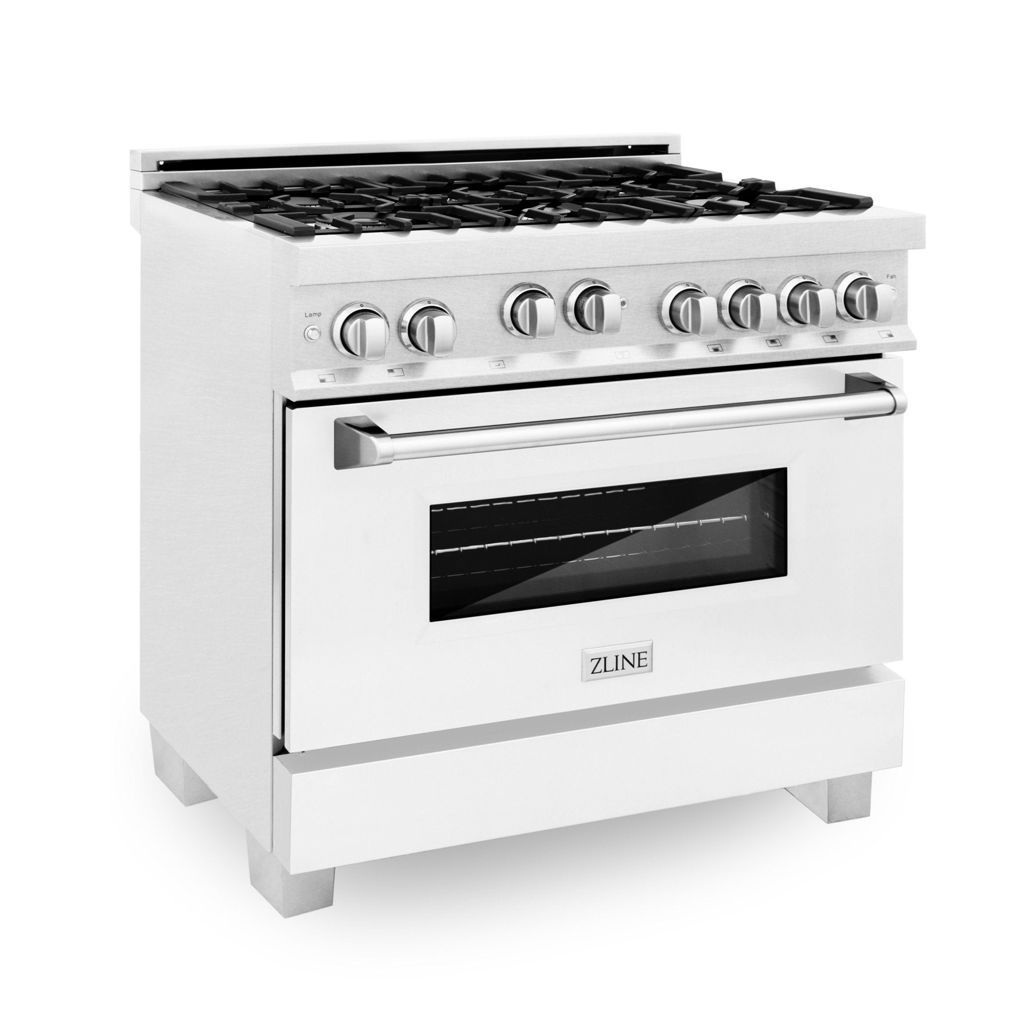ZLINE Kitchen and Bath, ZLINE 36" Professional 4.6 cu. ft. 4 Gas on Gas Range in DuraSnow® Stainless Steel with Color Door Options, RGS-WM-36,