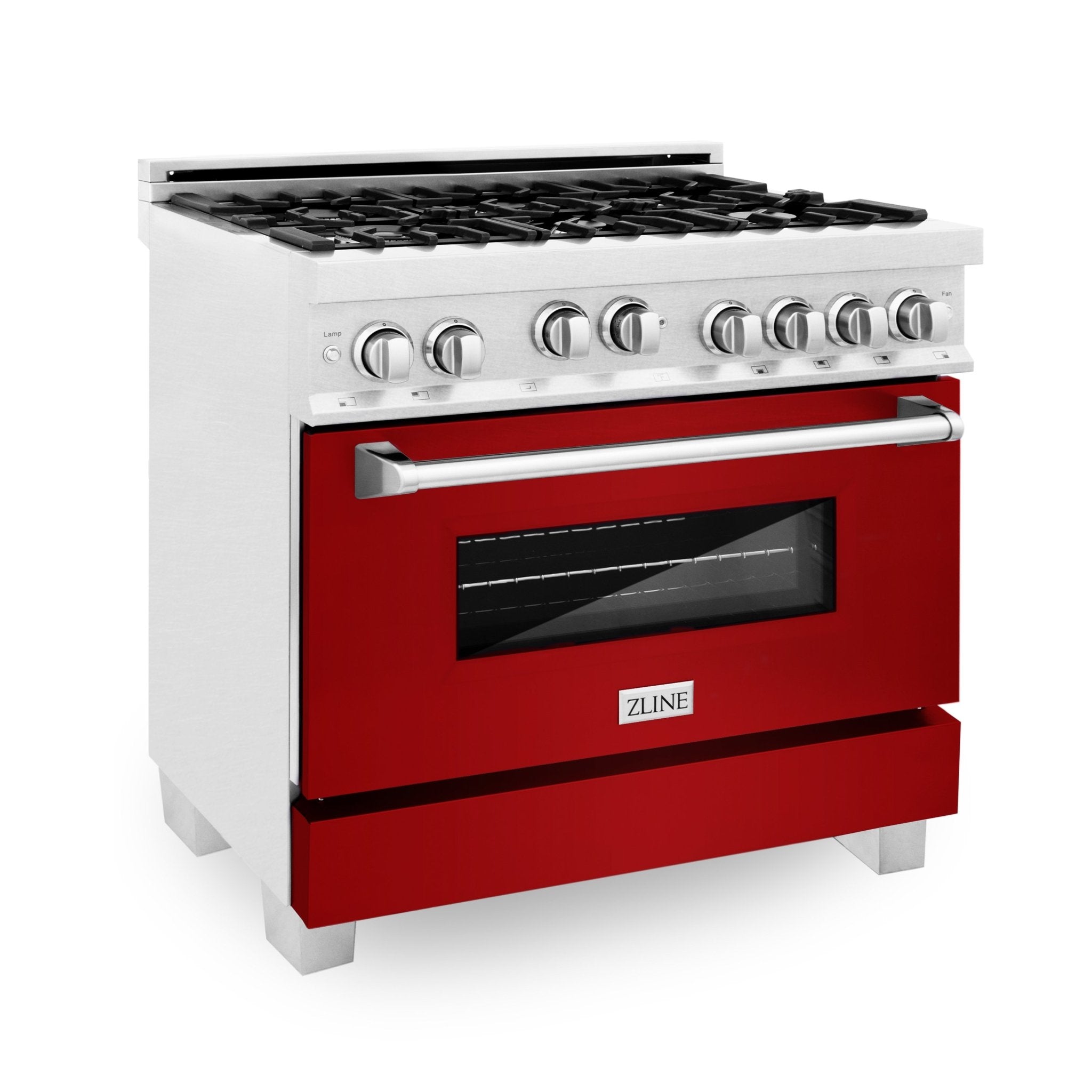 ZLINE Kitchen and Bath, ZLINE 36" Professional 4.6 cu. ft. 4 Gas on Gas Range in DuraSnow® Stainless Steel with Color Door Options, RGS-RG-36,