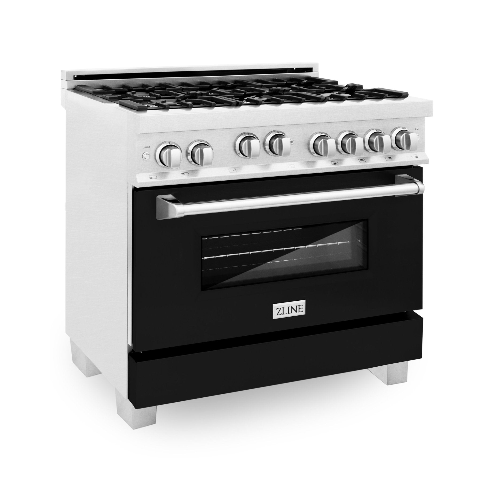 ZLINE Kitchen and Bath, ZLINE 36" Professional 4.6 cu. ft. 4 Gas on Gas Range in DuraSnow® Stainless Steel with Color Door Options, RGS-BLM-36,