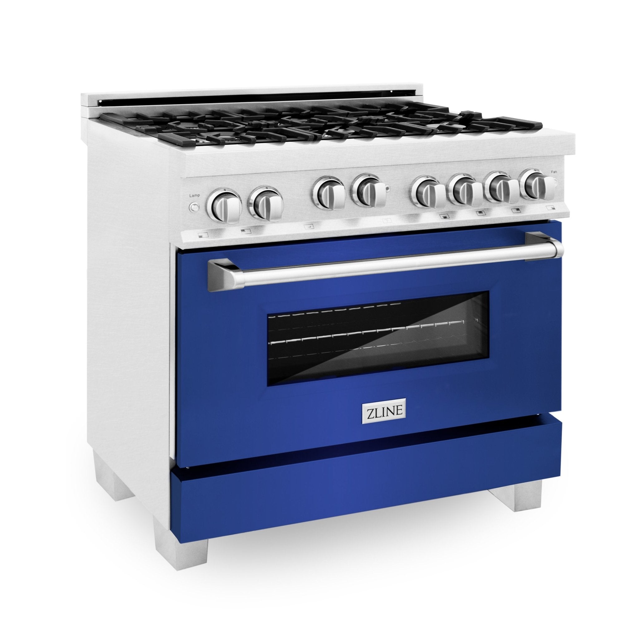 ZLINE Kitchen and Bath, ZLINE 36" Professional 4.6 cu. ft. 4 Gas on Gas Range in DuraSnow® Stainless Steel with Color Door Options, RGS-BG-36,