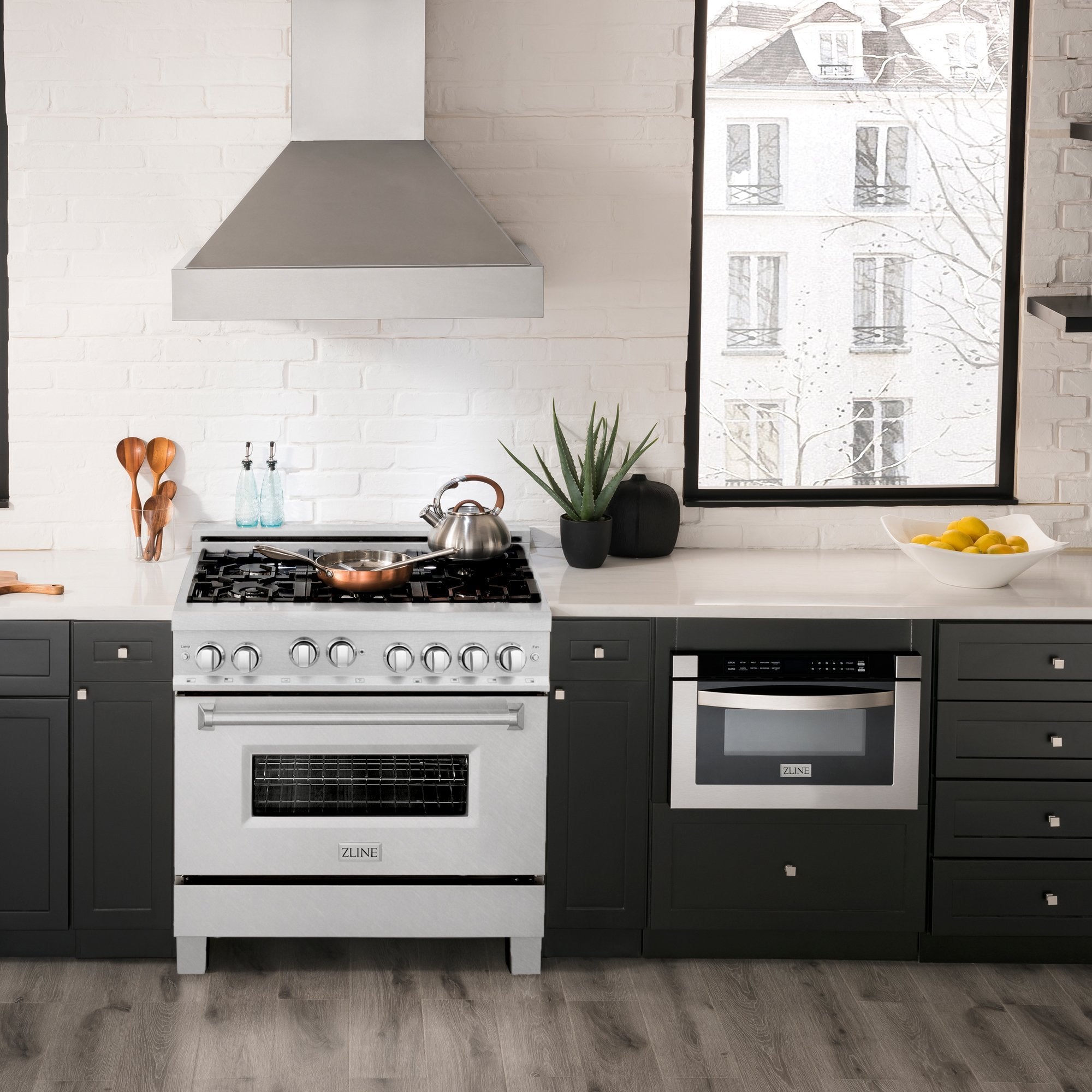 ZLINE Kitchen and Bath, ZLINE 36" Professional 4.6 cu. ft. 4 Gas on Gas Range in DuraSnow® Stainless Steel with Color Door Options, RGS-BLM-36,