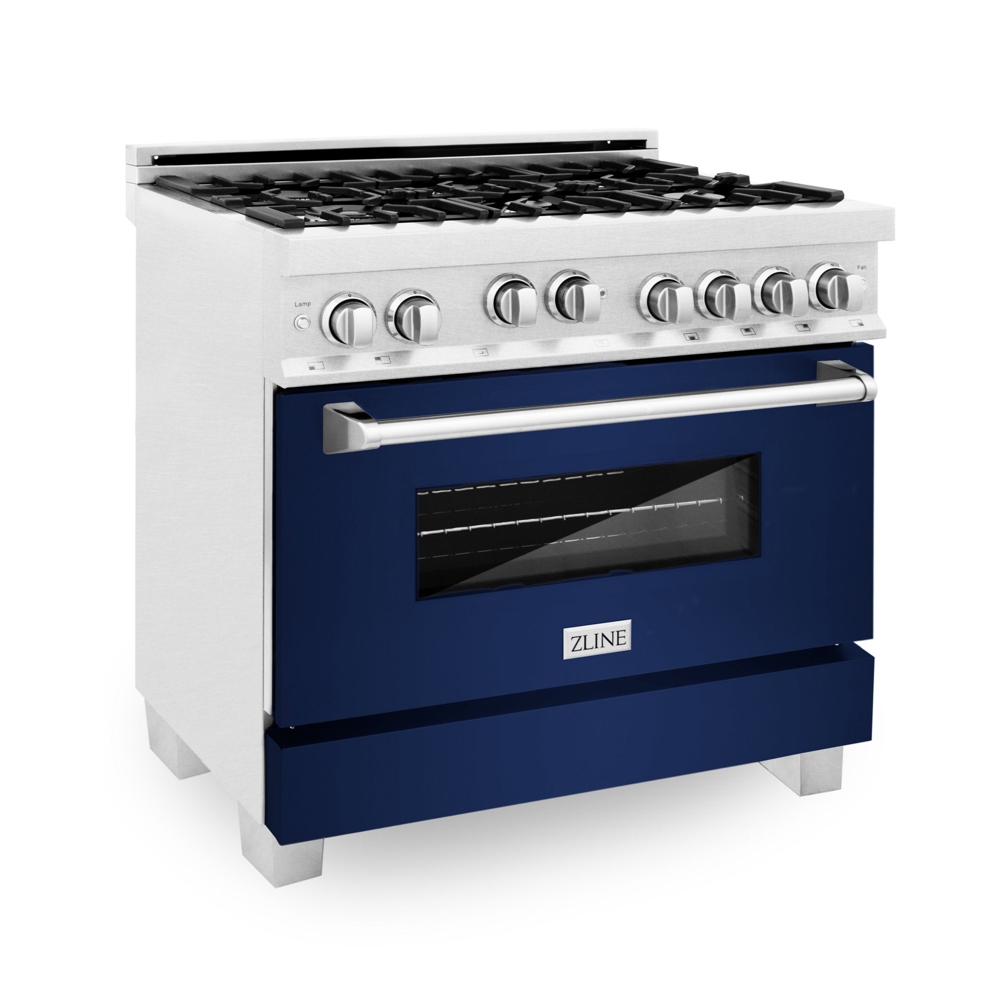 ZLINE Kitchen and Bath, ZLINE 36" Professional 4.6 cu. ft. 4 Gas on Gas Range in DuraSnow® Stainless Steel with Color Door Options, RGS-BM-36,
