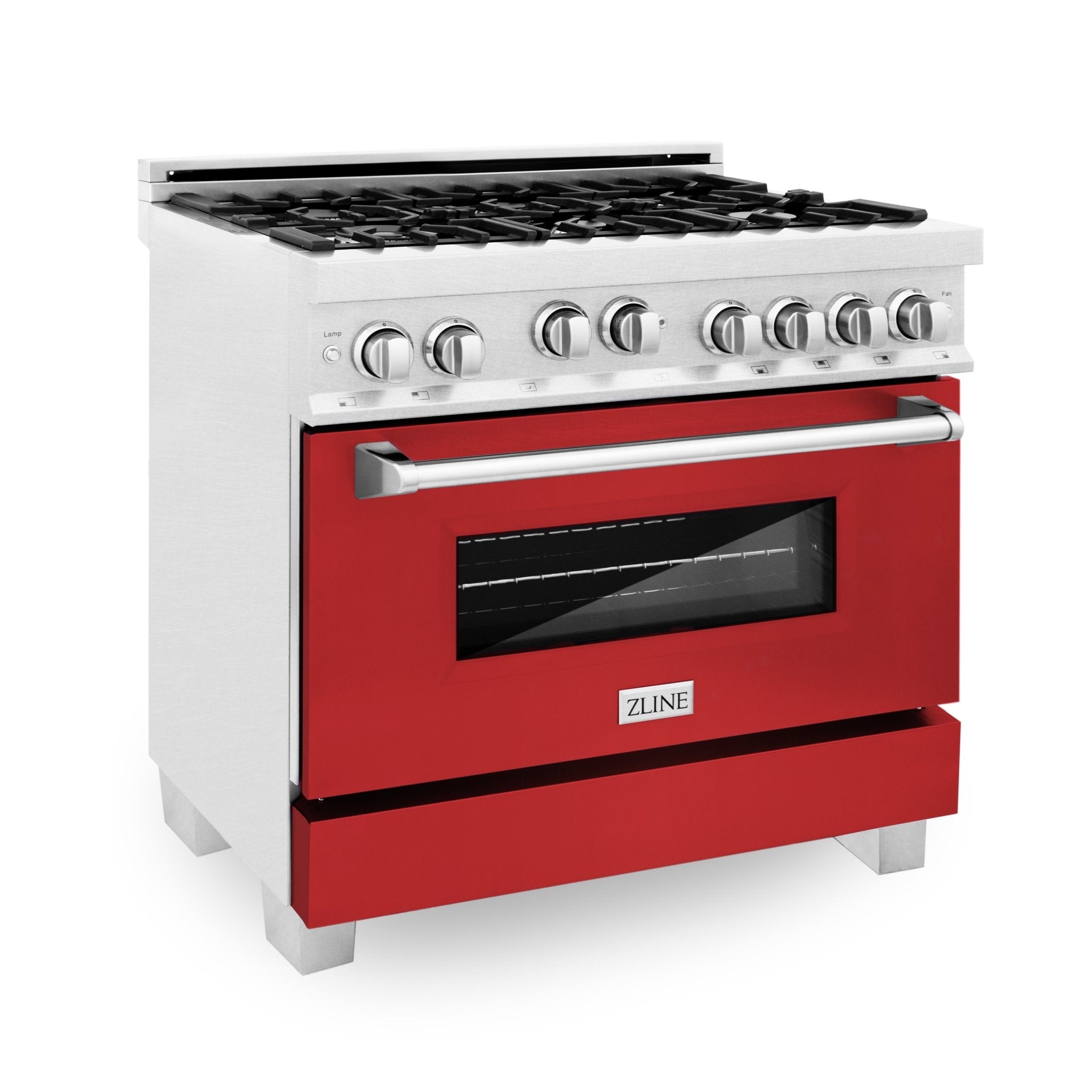 ZLINE Kitchen and Bath, ZLINE 36" Professional 4.6 cu. ft. 4 Gas on Gas Range in DuraSnow® Stainless Steel with Color Door Options, RGS-RM-36,