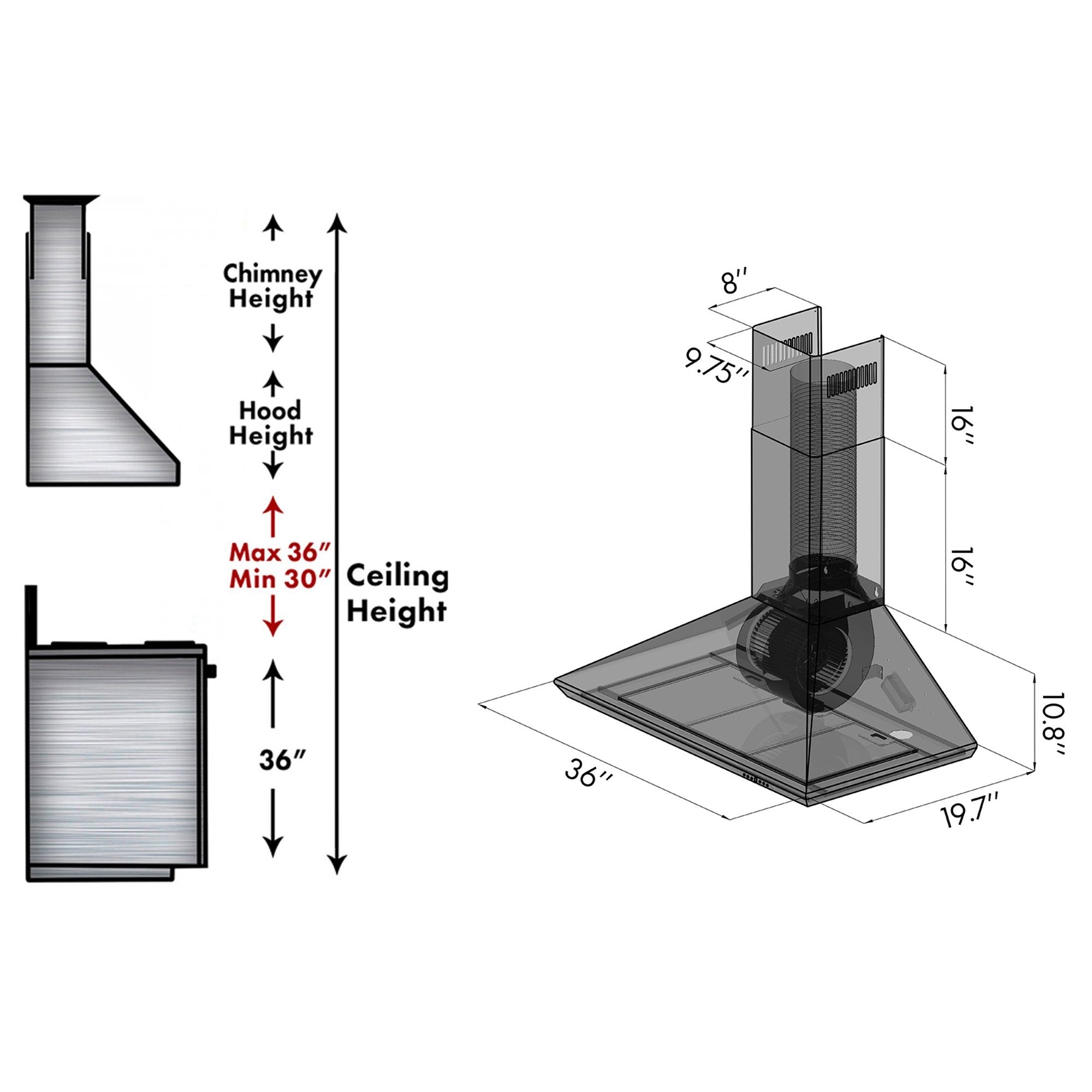 ZLINE Kitchen and Bath, ZLINE 36" Wall Mount Range Hood In Stainless Steel (KF-36), KF-36,
