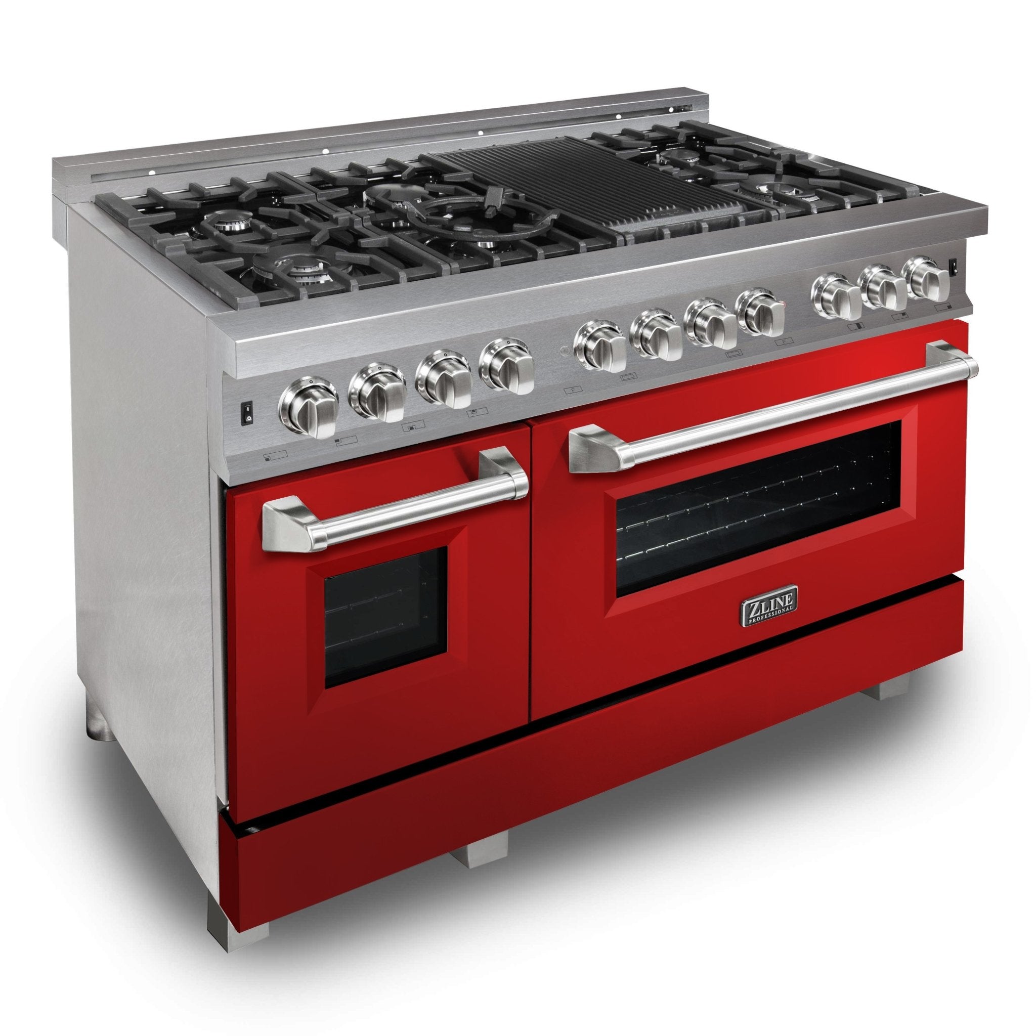 ZLINE Kitchen and Bath, ZLINE 48" DuraSnow® Stainless Steel 6.0 cu.ft. 7 Gas Burner/Electric Oven Range with Color Door Options, RAS-RG-48,